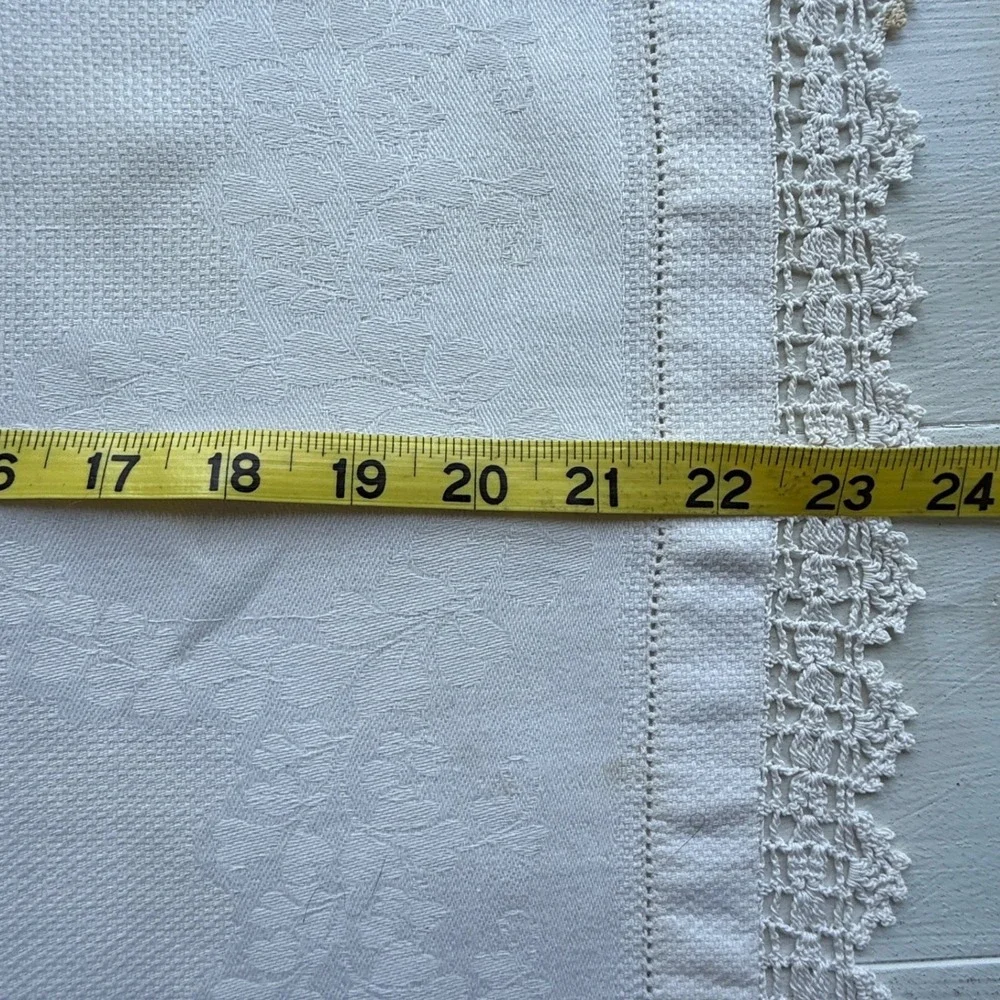 Vintage White Linen Hand Towels Set of 3 Embroidered Lace Fringe Cotton Damask